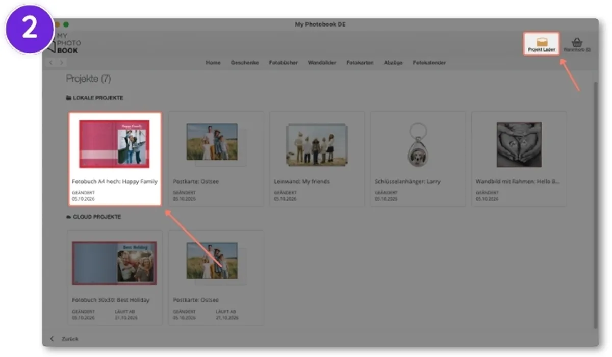 Lokales Projekt in der Download Software wird ausgewählt und gesichert