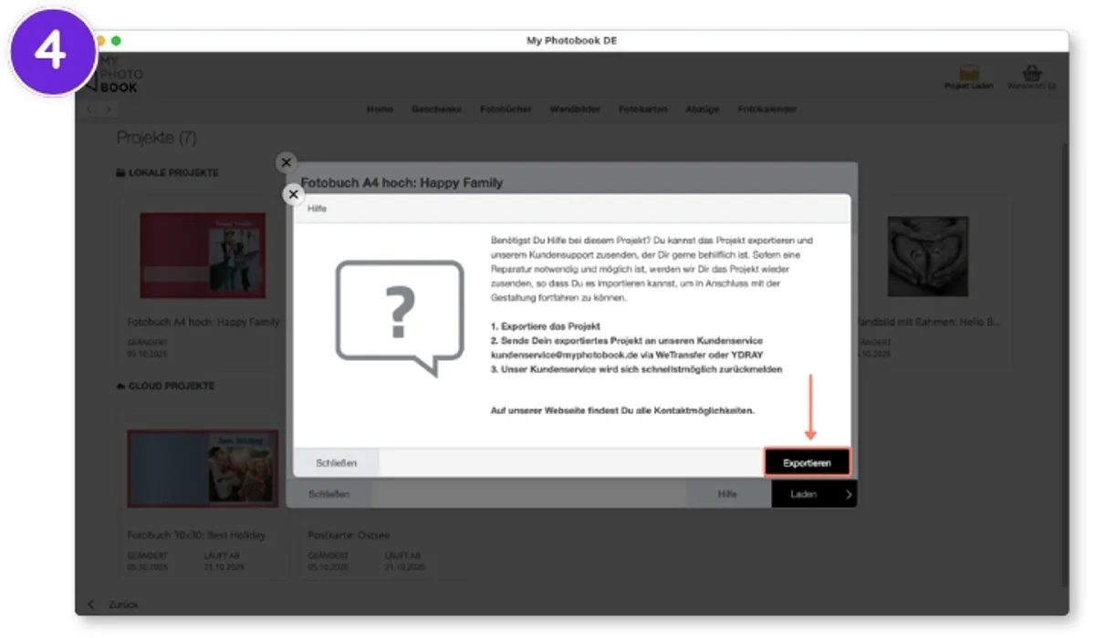 Klick auf "Exportieren" in der Download Software erfolgt